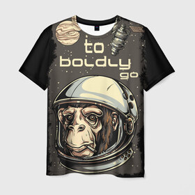 Мужская футболка 3D с принтом Космо мартышка в Курске, 100% полиэфир | прямой крой, круглый вырез горловины, длина до линии бедер | Тематика изображения на принте: космос | луна | мартышка | новинки | обезьяна | популярное | спутник | шимпанзе