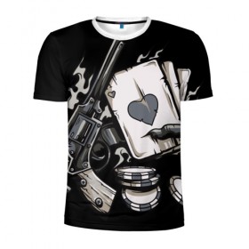 Мужская футболка 3D спортивная с принтом Смертельная игра в Курске, 100% полиэстер с улучшенными характеристиками | приталенный силуэт, круглая горловина, широкие плечи, сужается к линии бедра | карты | пистолет | покер | ствол