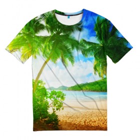 Мужская футболка 3D с принтом Тропики в Курске, 100% полиэфир | прямой крой, круглый вырез горловины, длина до линии бедер | берег | лето | море | отдых | тропики
