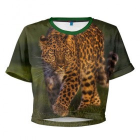 Женская футболка 3D укороченная с принтом Дальневосточный леопард в Курске, 100% полиэстер | круглая горловина, длина футболки до линии талии, рукава с отворотами | дикая кошка | леопард | природа | хищник