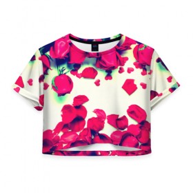 Женская футболка 3D укороченная с принтом Розовые розы в Курске, 100% полиэстер | круглая горловина, длина футболки до линии талии, рукава с отворотами | лепестки | цветы