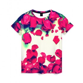 Женская футболка 3D с принтом Розовые розы в Курске, 100% полиэфир ( синтетическое хлопкоподобное полотно) | прямой крой, круглый вырез горловины, длина до линии бедер | Тематика изображения на принте: лепестки | цветы