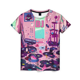 Женская футболка 3D с принтом DJ в Курске, 100% полиэфир ( синтетическое хлопкоподобное полотно) | прямой крой, круглый вырез горловины, длина до линии бедер | dj | music | диджей | клуб. винил | музыка | музыкальные инструменты | пластинки