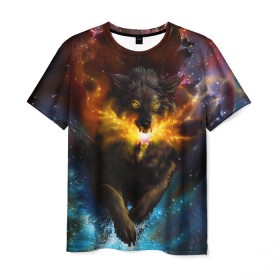 Мужская футболка 3D с принтом Космоволк в Курске, 100% полиэфир | прямой крой, круглый вырез горловины, длина до линии бедер | волк | вселенная | галактика | звёзды | космос | оскал | пламя | созвездие