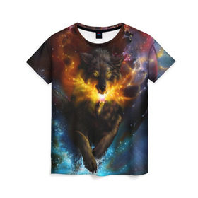 Женская футболка 3D с принтом Космоволк в Курске, 100% полиэфир ( синтетическое хлопкоподобное полотно) | прямой крой, круглый вырез горловины, длина до линии бедер | волк | вселенная | галактика | звёзды | космос | оскал | пламя | созвездие