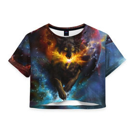 Женская футболка 3D укороченная с принтом Космоволк в Курске, 100% полиэстер | круглая горловина, длина футболки до линии талии, рукава с отворотами | волк | вселенная | галактика | звёзды | космос | оскал | пламя | созвездие