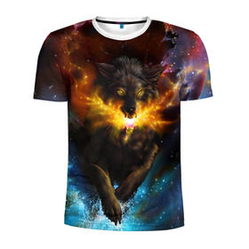 Мужская футболка 3D спортивная с принтом Космоволк в Курске, 100% полиэстер с улучшенными характеристиками | приталенный силуэт, круглая горловина, широкие плечи, сужается к линии бедра | волк | вселенная | галактика | звёзды | космос | оскал | пламя | созвездие