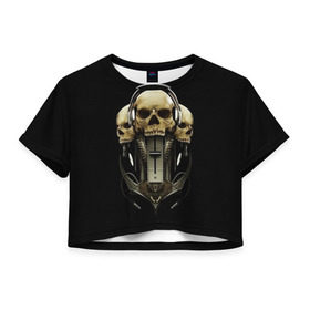 Женская футболка 3D укороченная с принтом DJ череп в Курске, 100% полиэстер | круглая горловина, длина футболки до линии талии, рукава с отворотами | dj | music | диджей | клуб | музыка | наушники | череп