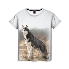 Женская футболка 3D с принтом Хаски в Курске, 100% полиэфир ( синтетическое хлопкоподобное полотно) | прямой крой, круглый вырез горловины, длина до линии бедер | dog | husky | siberia | север | сибирь | собака | хаски