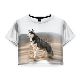 Женская футболка 3D укороченная с принтом Хаски в Курске, 100% полиэстер | круглая горловина, длина футболки до линии талии, рукава с отворотами | dog | husky | siberia | север | сибирь | собака | хаски