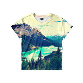 Детская футболка 3D с принтом Канада-Альберта в Курске, 100% гипоаллергенный полиэфир | прямой крой, круглый вырез горловины, длина до линии бедер, чуть спущенное плечо, ткань немного тянется | деревья | небо | озеро