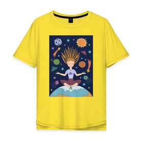 Мужская футболка хлопок Oversize с принтом Йога и гармония в Курске, 100% хлопок | свободный крой, круглый ворот, “спинка” длиннее передней части | девушка | единение | звезды | йога | космос | медитация | планета
