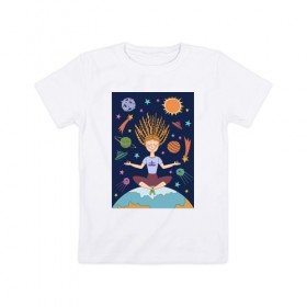 Детская футболка хлопок с принтом Йога и гармония в Курске, 100% хлопок | круглый вырез горловины, полуприлегающий силуэт, длина до линии бедер | Тематика изображения на принте: девушка | единение | звезды | йога | космос | медитация | планета