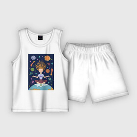Детская пижама с шортами хлопок с принтом Йога и гармония в Курске,  |  | Тематика изображения на принте: девушка | единение | звезды | йога | космос | медитация | планета