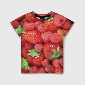 Детская футболка 3D с принтом Ягоды в Курске, 100% гипоаллергенный полиэфир | прямой крой, круглый вырез горловины, длина до линии бедер, чуть спущенное плечо, ткань немного тянется | десерт | еда | клубника | красный | малина | сладкое | ягоды