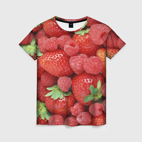 Женская футболка 3D с принтом Ягоды в Курске, 100% полиэфир ( синтетическое хлопкоподобное полотно) | прямой крой, круглый вырез горловины, длина до линии бедер | десерт | еда | клубника | красный | малина | сладкое | ягоды