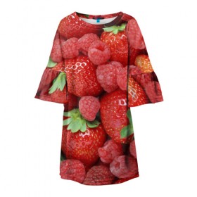 Детское платье 3D с принтом Ягоды в Курске, 100% полиэстер | прямой силуэт, чуть расширенный к низу. Круглая горловина, на рукавах — воланы | десерт | еда | клубника | красный | малина | сладкое | ягоды