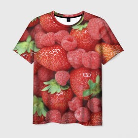 Мужская футболка 3D с принтом Ягоды в Курске, 100% полиэфир | прямой крой, круглый вырез горловины, длина до линии бедер | Тематика изображения на принте: десерт | еда | клубника | красный | малина | сладкое | ягоды