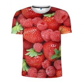 Мужская футболка 3D спортивная с принтом Ягоды в Курске, 100% полиэстер с улучшенными характеристиками | приталенный силуэт, круглая горловина, широкие плечи, сужается к линии бедра | Тематика изображения на принте: десерт | еда | клубника | красный | малина | сладкое | ягоды