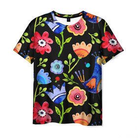 Мужская футболка 3D с принтом цветочный принт в Курске, 100% полиэфир | прямой крой, круглый вырез горловины, длина до линии бедер | акварель | графика | зелень | лес | лето | листья | принт | рисунок | цветок