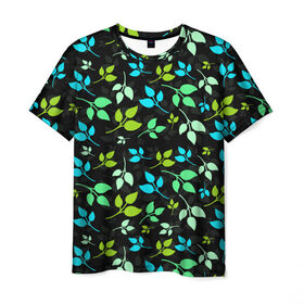Мужская футболка 3D с принтом цветочный принт в Курске, 100% полиэфир | прямой крой, круглый вырез горловины, длина до линии бедер | Тематика изображения на принте: акварель | графика | зелень | лес | лето | листья | принт | рисунок | цветок