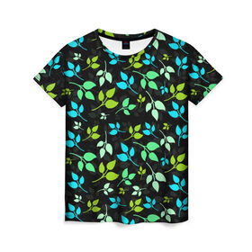 Женская футболка 3D с принтом цветочный принт в Курске, 100% полиэфир ( синтетическое хлопкоподобное полотно) | прямой крой, круглый вырез горловины, длина до линии бедер | акварель | графика | зелень | лес | лето | листья | принт | рисунок | цветок