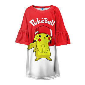 Детское платье 3D с принтом Pokeball в Курске, 100% полиэстер | прямой силуэт, чуть расширенный к низу. Круглая горловина, на рукавах — воланы | Тематика изображения на принте: pikachu | pokeboll | pokemon | пикачу | покеболл | покемон
