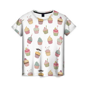 Женская футболка 3D с принтом Капкейки в Курске, 100% полиэфир ( синтетическое хлопкоподобное полотно) | прямой крой, круглый вырез горловины, длина до линии бедер | вкусный | капкейк | капкэйк | кекс | маффин | пирожное