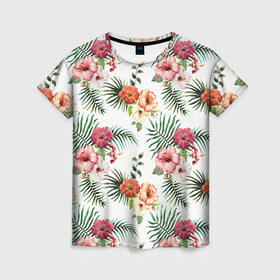 Женская футболка 3D с принтом Цветы и бабочки 1 в Курске, 100% полиэфир ( синтетическое хлопкоподобное полотно) | прямой крой, круглый вырез горловины, длина до линии бедер | нежный | паттерн | цветочный