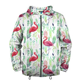 Мужская ветровка 3D с принтом Цветы и бабочки 2 в Курске, 100% полиэстер | подол и капюшон оформлены резинкой с фиксаторами, два кармана без застежек по бокам, один потайной карман на груди | растения | фламинго
