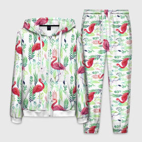 Мужской костюм 3D с принтом Цветы и фламинго 2 в Курске, 100% полиэстер | Манжеты и пояс оформлены тканевой резинкой, двухслойный капюшон со шнурком для регулировки, карманы спереди | растения | фламинго