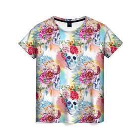 Женская футболка 3D с принтом Цветы и бабочки 5 в Курске, 100% полиэфир ( синтетическое хлопкоподобное полотно) | прямой крой, круглый вырез горловины, длина до линии бедер | Тематика изображения на принте: акварель | нежный | паттерн | цветочек | цветочный