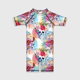 Детский купальный костюм 3D с принтом Цветы и бабочки 5 в Курске, Полиэстер 85%, Спандекс 15% | застежка на молнии на спине | акварель | нежный | паттерн | цветочек | цветочный