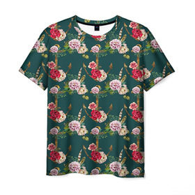 Мужская футболка 3D с принтом Цветы и бабочки 7 в Курске, 100% полиэфир | прямой крой, круглый вырез горловины, длина до линии бедер | Тематика изображения на принте: акварель | нежный | паттерн | цветочек | цветочный