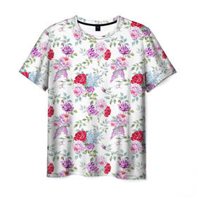 Мужская футболка 3D с принтом Цветы и бабочки 8 в Курске, 100% полиэфир | прямой крой, круглый вырез горловины, длина до линии бедер | Тематика изображения на принте: акварель | бабочка | нежный | рисунок | роза | сирень | цветочек | цветочный | цветы