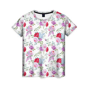 Женская футболка 3D с принтом Цветы и бабочки 8 в Курске, 100% полиэфир ( синтетическое хлопкоподобное полотно) | прямой крой, круглый вырез горловины, длина до линии бедер | акварель | бабочка | нежный | рисунок | роза | сирень | цветочек | цветочный | цветы