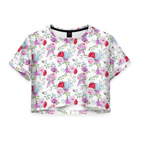 Женская футболка 3D укороченная с принтом Цветы и бабочки 8 в Курске, 100% полиэстер | круглая горловина, длина футболки до линии талии, рукава с отворотами | акварель | бабочка | нежный | рисунок | роза | сирень | цветочек | цветочный | цветы