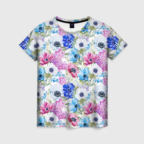 Женская футболка 3D с принтом Цветы и бабочки 9 в Курске, 100% полиэфир ( синтетическое хлопкоподобное полотно) | прямой крой, круглый вырез горловины, длина до линии бедер | акварель | нежный | паттерн | цветочек | цветочный