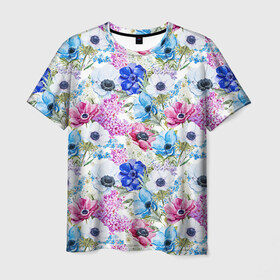 Мужская футболка 3D с принтом Цветы и бабочки 9 в Курске, 100% полиэфир | прямой крой, круглый вырез горловины, длина до линии бедер | Тематика изображения на принте: акварель | нежный | паттерн | цветочек | цветочный
