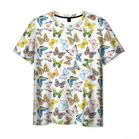 Мужская футболка 3D с принтом Цветы и бабочки 11 в Курске, 100% полиэфир | прямой крой, круглый вырез горловины, длина до линии бедер | акварель | бабочка | нежный | рисунок | роза | сирень | цветочек | цветочный | цветы