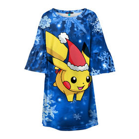 Детское платье 3D с принтом Pikachu в Курске, 100% полиэстер | прямой силуэт, чуть расширенный к низу. Круглая горловина, на рукавах — воланы | pikachu | pokeboll | pokemon | зима | новый год | пикачу | покеболл | покемон | снежинки