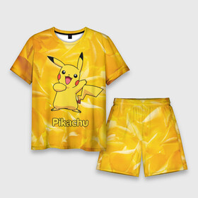 Мужской костюм с шортами 3D с принтом Пикачу на золотом фоне в Курске,  |  | Тематика изображения на принте: pikachu | pokeboll | pokemon | пикачу | покеболл | покемон