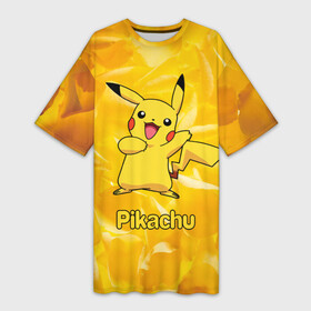 Платье-футболка 3D с принтом Пикачу на золотом фоне в Курске,  |  | pikachu | pokeboll | pokemon | пикачу | покеболл | покемон