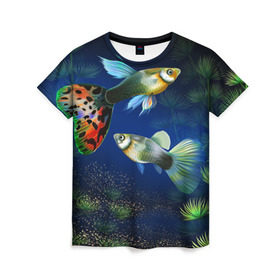 Женская футболка 3D с принтом Аквариумные рыбки в Курске, 100% полиэфир ( синтетическое хлопкоподобное полотно) | прямой крой, круглый вырез горловины, длина до линии бедер | аквариум | вода | водоросли | природа | рыба | рыбка | туризм