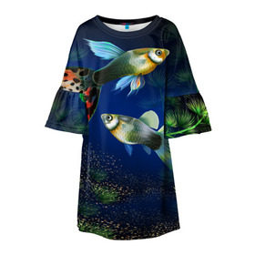 Детское платье 3D с принтом Аквариумные рыбки в Курске, 100% полиэстер | прямой силуэт, чуть расширенный к низу. Круглая горловина, на рукавах — воланы | аквариум | вода | водоросли | природа | рыба | рыбка | туризм