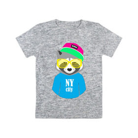 Детская футболка хлопок с принтом Енот в Курске, 100% хлопок | круглый вырез горловины, полуприлегающий силуэт, длина до линии бедер | Тематика изображения на принте: city | ny | енот | животные | звери | кепка | очки | серый | хипстер