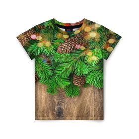 Детская футболка 3D с принтом Елка в Курске, 100% гипоаллергенный полиэфир | прямой крой, круглый вырез горловины, длина до линии бедер, чуть спущенное плечо, ткань немного тянется | дерево | елка | зеленый | зима | новый год | шишки