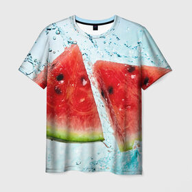 Мужская футболка 3D с принтом Арбуз в Курске, 100% полиэфир | прямой крой, круглый вырез горловины, длина до линии бедер | Тематика изображения на принте: арбуз | арт | вода | косточки | рисунок