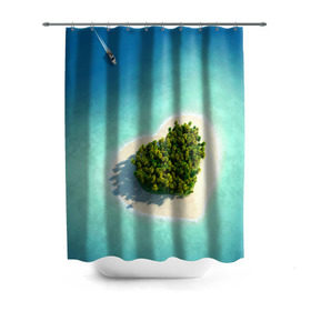 Штора 3D для ванной с принтом Остров в Курске, 100% полиэстер | плотность материала — 100 г/м2. Стандартный размер — 146 см х 180 см. По верхнему краю — пластиковые люверсы для креплений. В комплекте 10 пластиковых колец | вода | дерево | лето | море | океан | остров | пальмы | песок | сердечко | сердце | синий