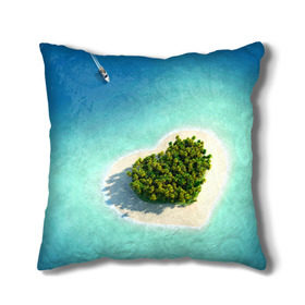 Подушка 3D с принтом Остров в Курске, наволочка – 100% полиэстер, наполнитель – холлофайбер (легкий наполнитель, не вызывает аллергию). | состоит из подушки и наволочки. Наволочка на молнии, легко снимается для стирки | вода | дерево | лето | море | океан | остров | пальмы | песок | сердечко | сердце | синий